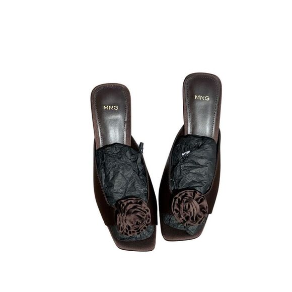 MNG Jen Ceballos & Mango Brown Satin FLORAL HEELED SANDALS Size - Picture 1 of 9